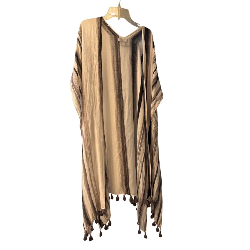 Nordstrom Kimono Wrap Grey White Striped Tassel Trim Open Front One Size OS